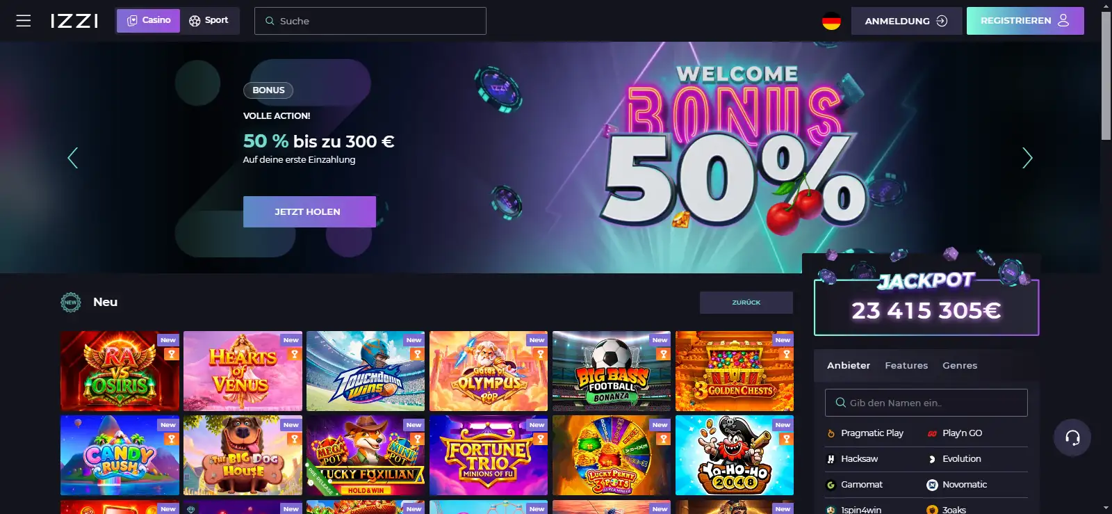 Aktuelle deutschsprachige IZZI-Casino-Startseite mit Bonusbanner
