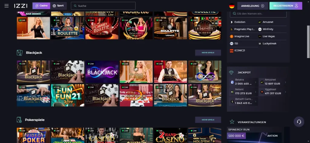 IZZI Live-Casino-Übersicht mit Roulette- und Blackjack-Tischen