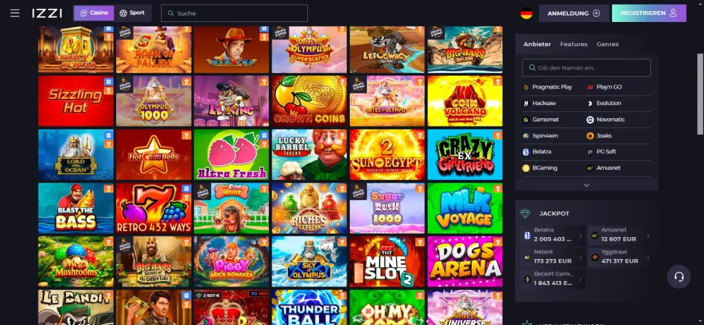 Aktuelle deutschsprachige IZZI-Spielebibliothek mit sichtbaren Slots, Kategorien und Anbieterfiltern