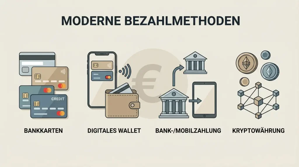 Karten, E-Wallets, Bankzahlungen und Kryptowährungen als Zahlungswege